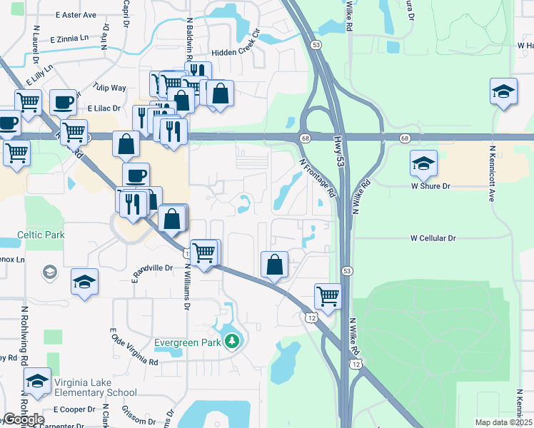 map of restaurants, bars, coffee shops, grocery stores, and more near 1360 Geneva Drive in Palatine