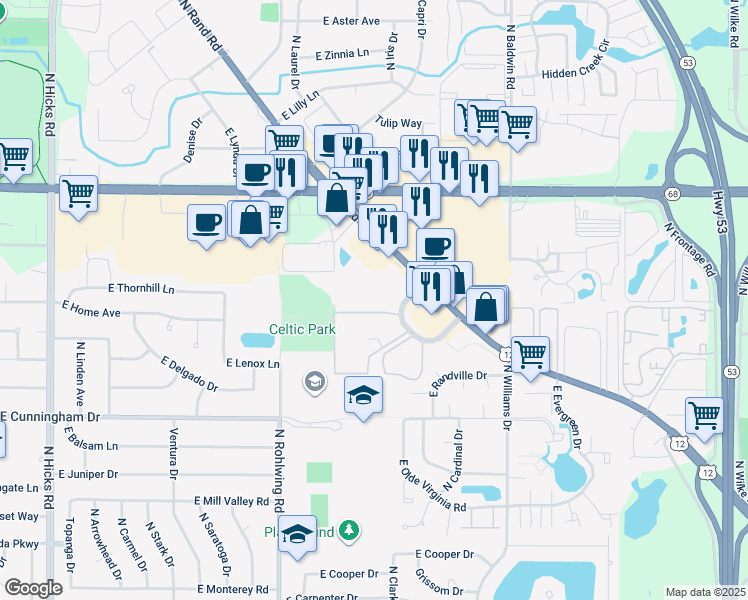 map of restaurants, bars, coffee shops, grocery stores, and more near 1459 North Winslowe Drive in Palatine