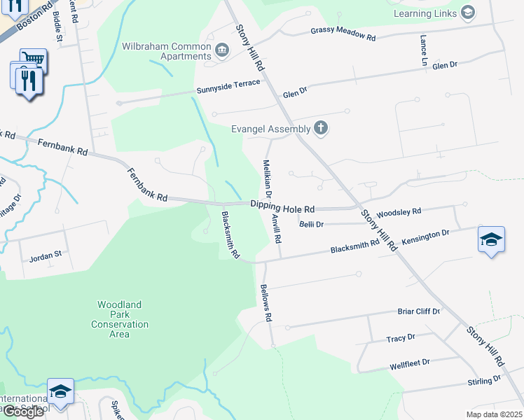 map of restaurants, bars, coffee shops, grocery stores, and more near 451 Dipping Hole Road in Wilbraham