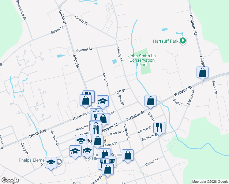map of restaurants, bars, coffee shops, grocery stores, and more near 50 Myrtle Street in Rockland