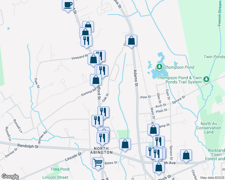 map of restaurants, bars, coffee shops, grocery stores, and more near 274 Oak Street in Abington