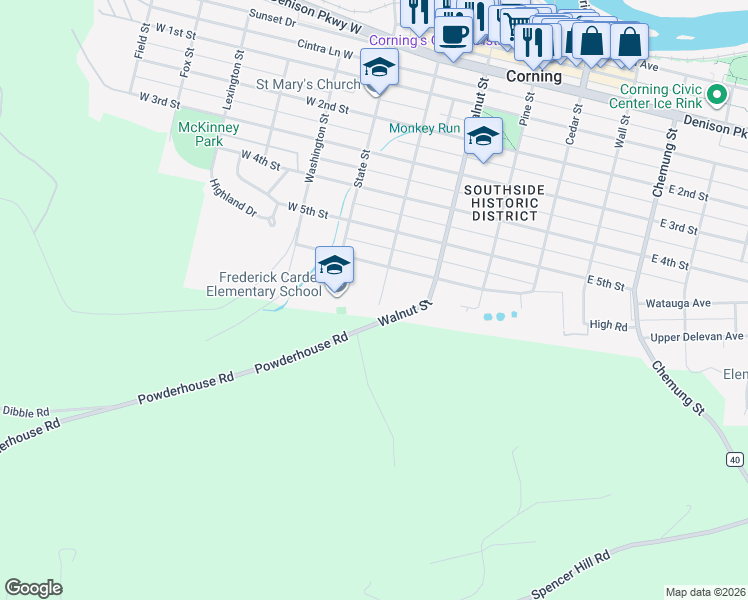 map of restaurants, bars, coffee shops, grocery stores, and more near 2954 Powderhouse Road in Corning