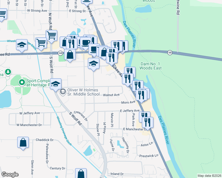 map of restaurants, bars, coffee shops, grocery stores, and more near 291 Lincoln Lane in Wheeling