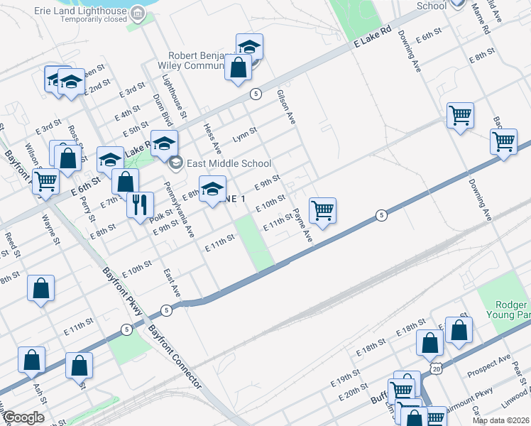 map of restaurants, bars, coffee shops, grocery stores, and more near 1301-1399 E 11th St in Erie