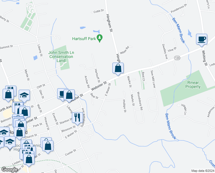 map of restaurants, bars, coffee shops, grocery stores, and more near 472-474 East Water Street in Rockland