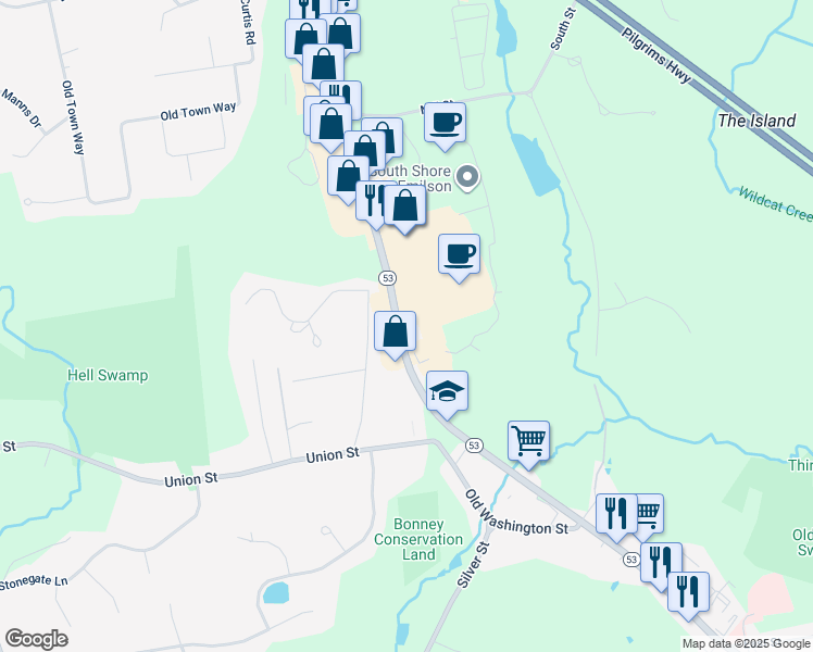 map of restaurants, bars, coffee shops, grocery stores, and more near 1143 Washington Street in Hanover