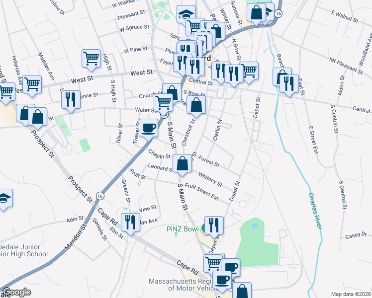 map of restaurants, bars, coffee shops, grocery stores, and more near 26 Chestnut Street in Milford