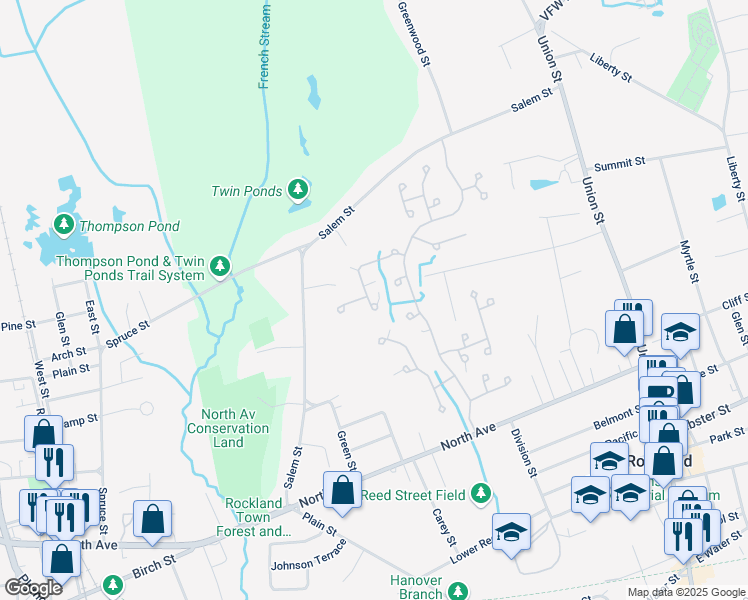 map of restaurants, bars, coffee shops, grocery stores, and more near 9 Forsythia Lane in Rockland