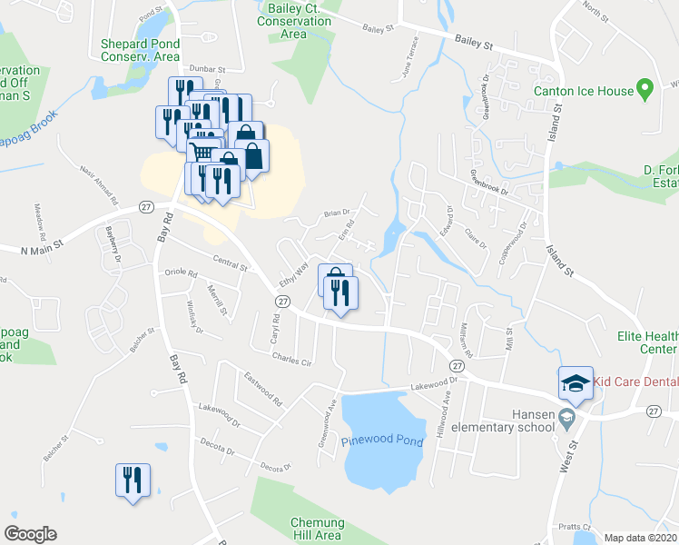 map of restaurants, bars, coffee shops, grocery stores, and more near 99 Ethyl Way in Stoughton
