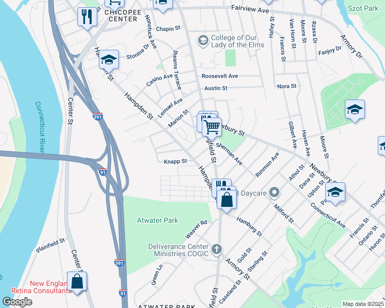 map of restaurants, bars, coffee shops, grocery stores, and more near 40 Asinof Avenue in Chicopee
