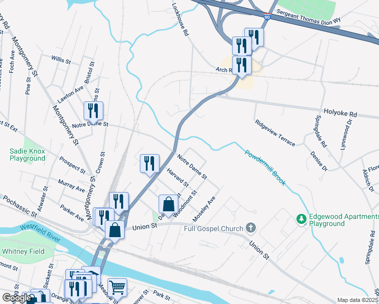map of restaurants, bars, coffee shops, grocery stores, and more near 265 North Elm Street in Westfield