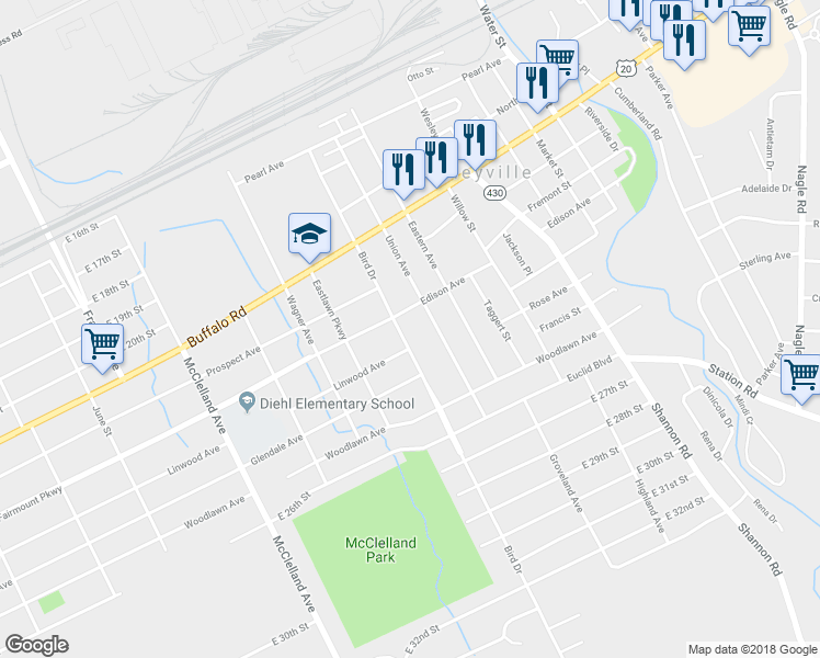 map of restaurants, bars, coffee shops, grocery stores, and more near 2714 Edison Avenue in Erie