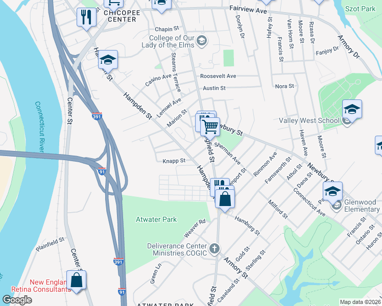 map of restaurants, bars, coffee shops, grocery stores, and more near 40 Asinof Avenue in Chicopee