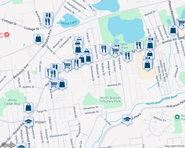 map of restaurants, bars, coffee shops, grocery stores, and more near 28 Methuen Street in Springfield