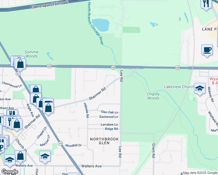 map of restaurants, bars, coffee shops, grocery stores, and more near 845 Shermer Road in Northbrook