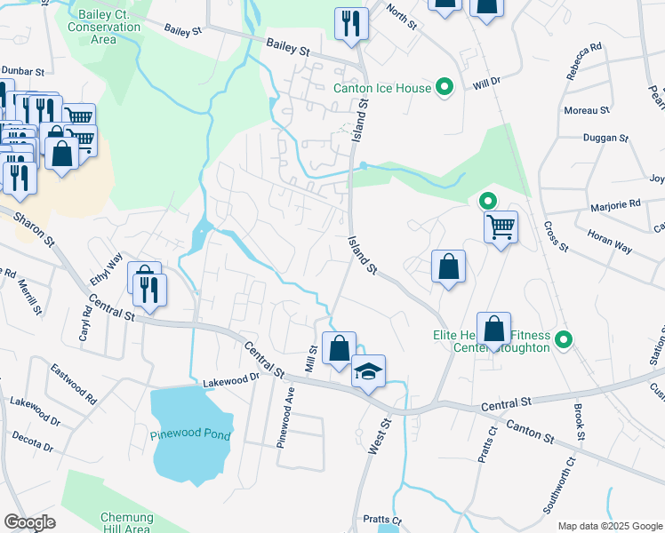 map of restaurants, bars, coffee shops, grocery stores, and more near 172 Mill Street in Stoughton
