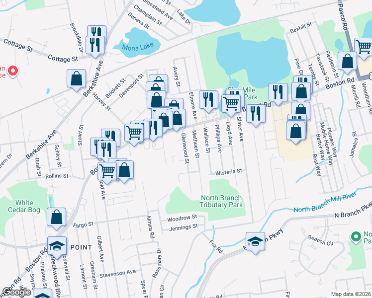 map of restaurants, bars, coffee shops, grocery stores, and more near 28 Methuen Street in Springfield