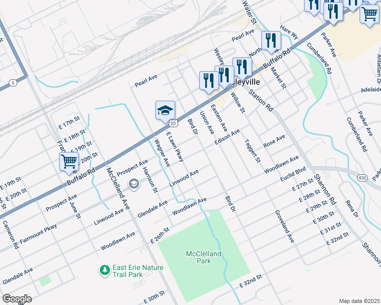 map of restaurants, bars, coffee shops, grocery stores, and more near 2633 Prospect Avenue in Erie
