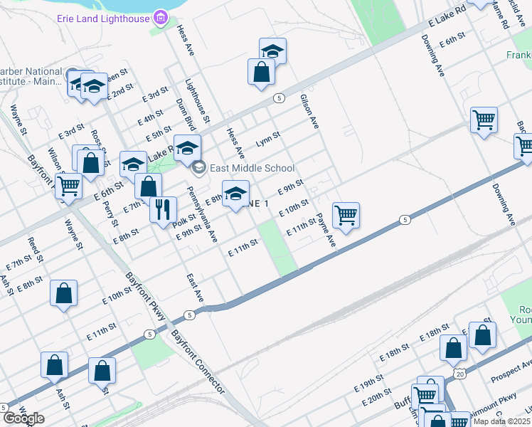 map of restaurants, bars, coffee shops, grocery stores, and more near 1309 East 9th Street in Erie