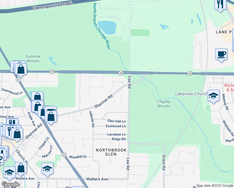 map of restaurants, bars, coffee shops, grocery stores, and more near 845 Shermer Road in Northbrook