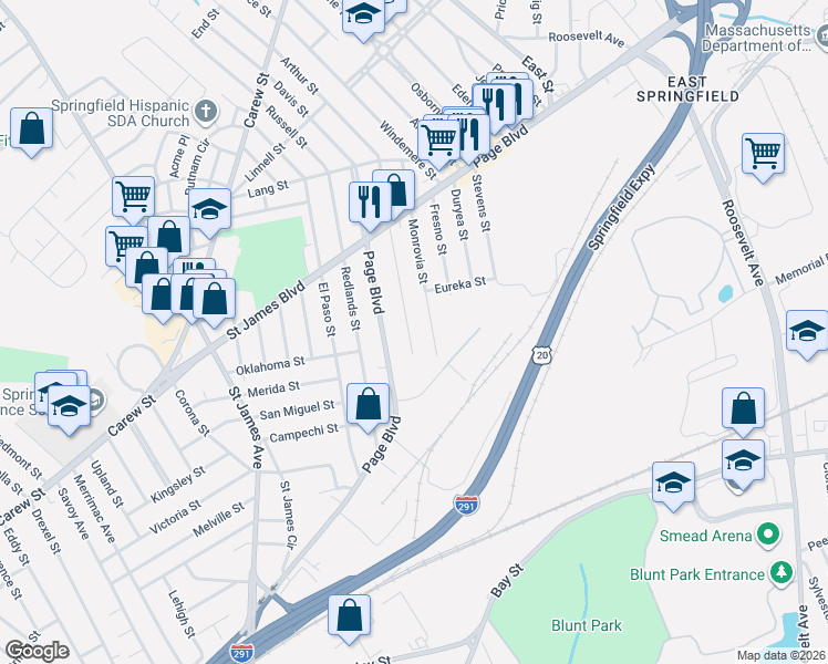 map of restaurants, bars, coffee shops, grocery stores, and more near 179 Santa Barbara Street in Springfield