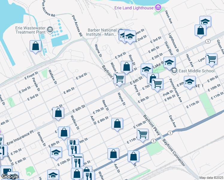 map of restaurants, bars, coffee shops, grocery stores, and more near 747 East 5th Street in Erie