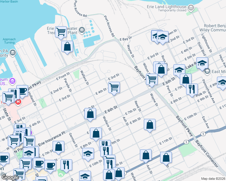 map of restaurants, bars, coffee shops, grocery stores, and more near 612 East 4th Street in Erie