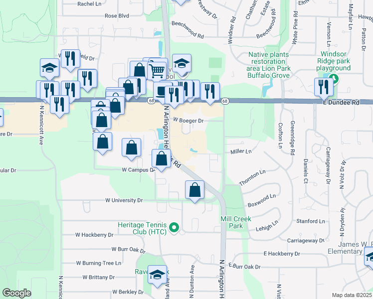 map of restaurants, bars, coffee shops, grocery stores, and more near 3345 North Arlington Heights Road in Arlington Heights