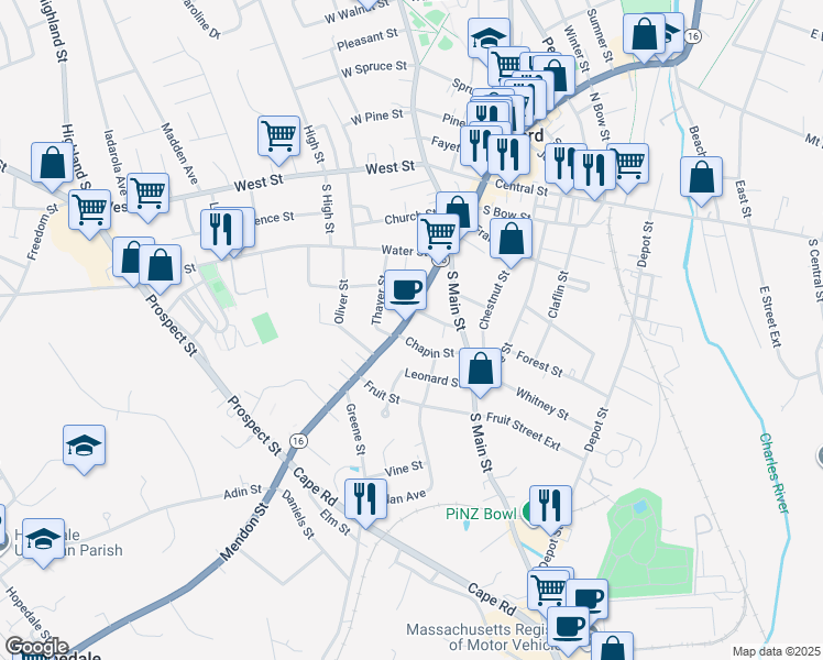 map of restaurants, bars, coffee shops, grocery stores, and more near 288 Main Street in Milford