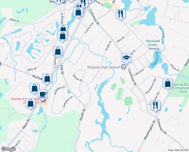 map of restaurants, bars, coffee shops, grocery stores, and more near 16 Lamplighter Lane in Walpole