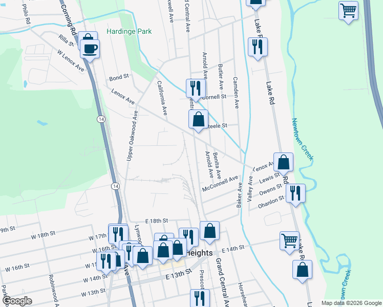 map of restaurants, bars, coffee shops, grocery stores, and more near 1865 Grand Central Avenue in Elmira