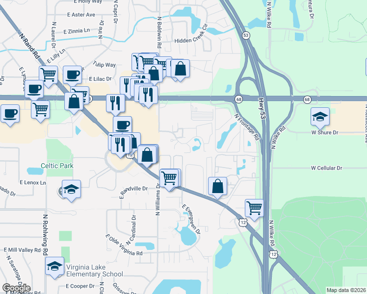 map of restaurants, bars, coffee shops, grocery stores, and more near 1275 East Baldwin Lane in Palatine