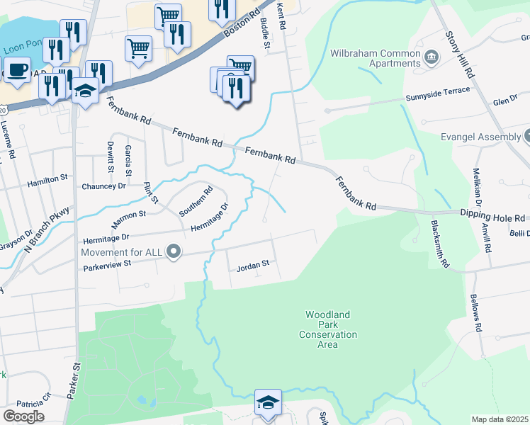 map of restaurants, bars, coffee shops, grocery stores, and more near 76 Castlegate Drive in Springfield
