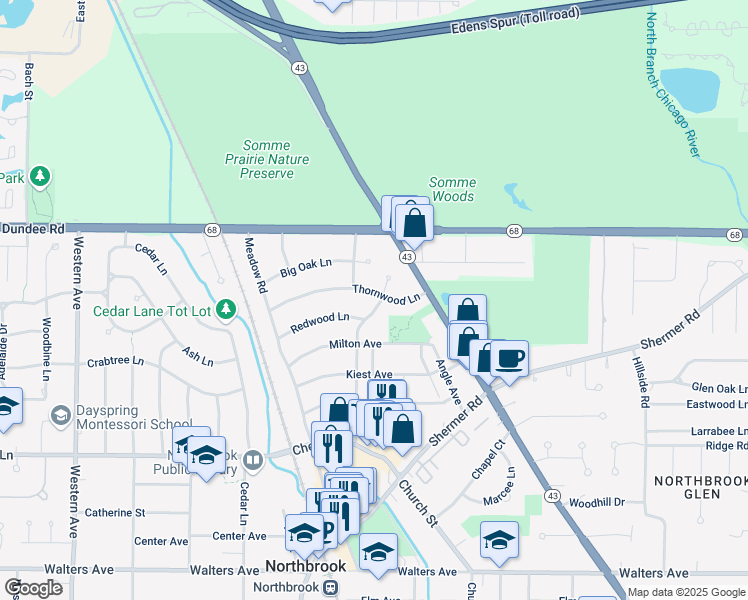 map of restaurants, bars, coffee shops, grocery stores, and more near 1896 Thornwood Lane in Northbrook
