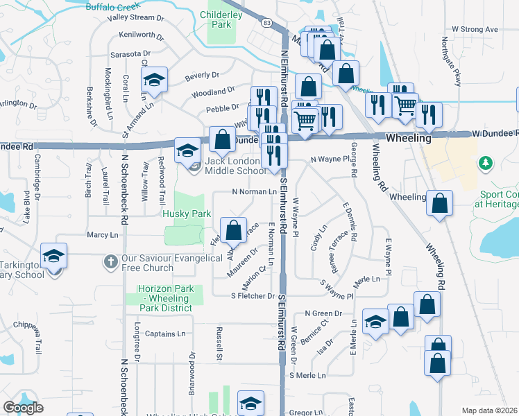map of restaurants, bars, coffee shops, grocery stores, and more near 843 North Norman Lane in Wheeling