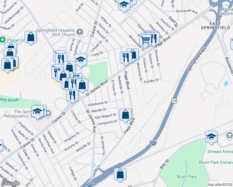 map of restaurants, bars, coffee shops, grocery stores, and more near 180 El Paso Street in Springfield