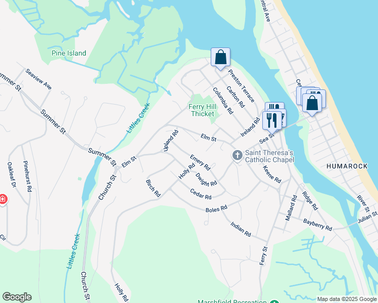 map of restaurants, bars, coffee shops, grocery stores, and more near 150 Emery Road in Marshfield