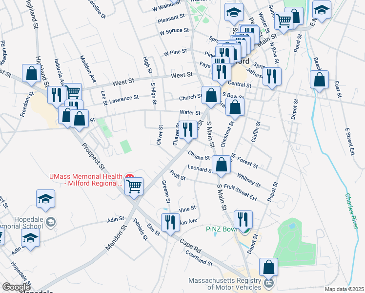 map of restaurants, bars, coffee shops, grocery stores, and more near 15 Thayer Street in Milford