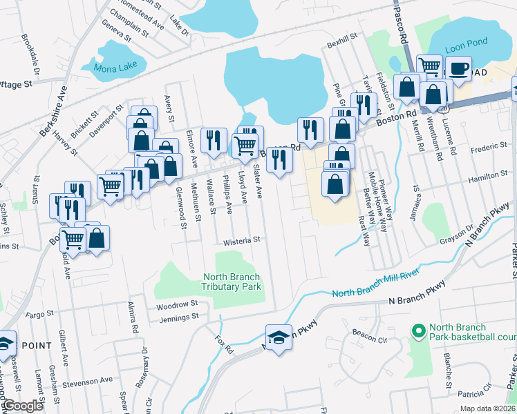 map of restaurants, bars, coffee shops, grocery stores, and more near 65 Slater Avenue in Springfield