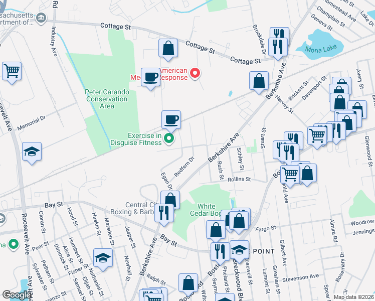 map of restaurants, bars, coffee shops, grocery stores, and more near 15 Flagler Street in Springfield
