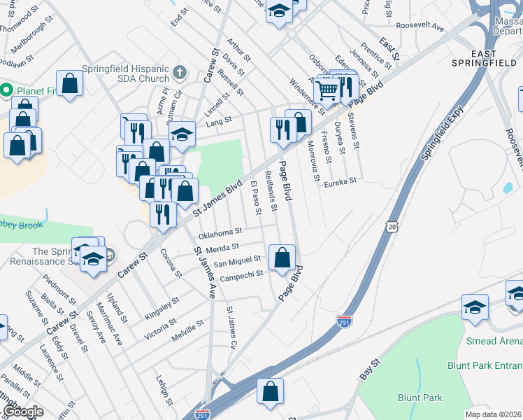 map of restaurants, bars, coffee shops, grocery stores, and more near 180 El Paso Street in Springfield