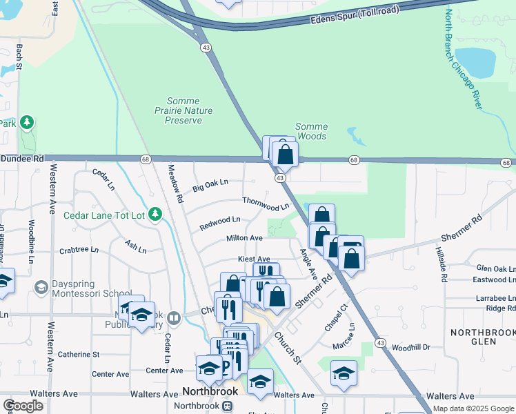 map of restaurants, bars, coffee shops, grocery stores, and more near 1896 Thornwood Lane in Northbrook