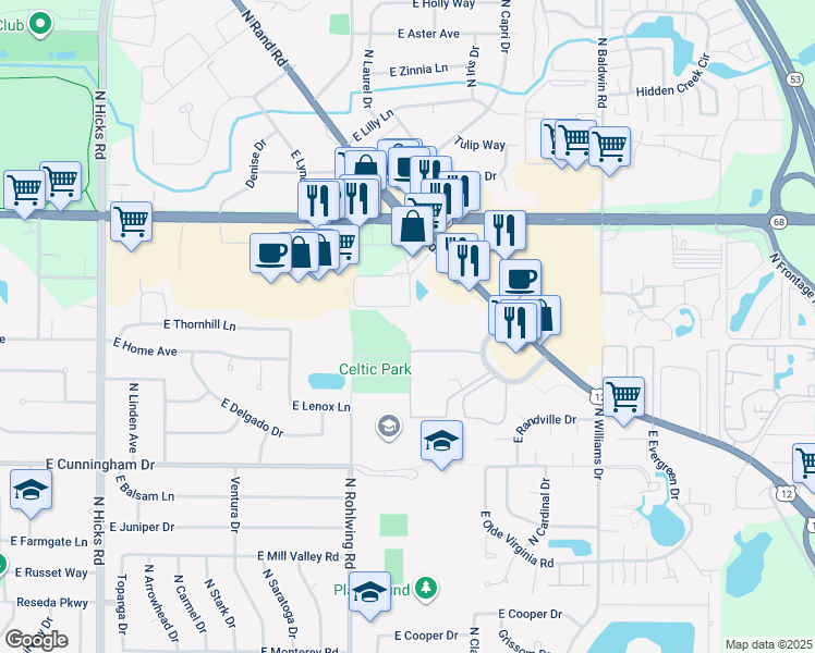 map of restaurants, bars, coffee shops, grocery stores, and more near 1561 North Winslowe Drive in Palatine