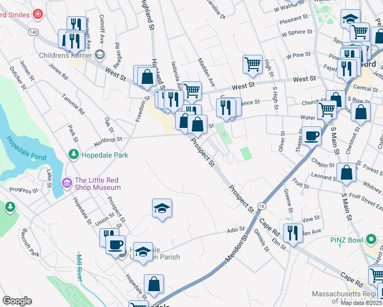 map of restaurants, bars, coffee shops, grocery stores, and more near 49 Prospect Heights in Milford