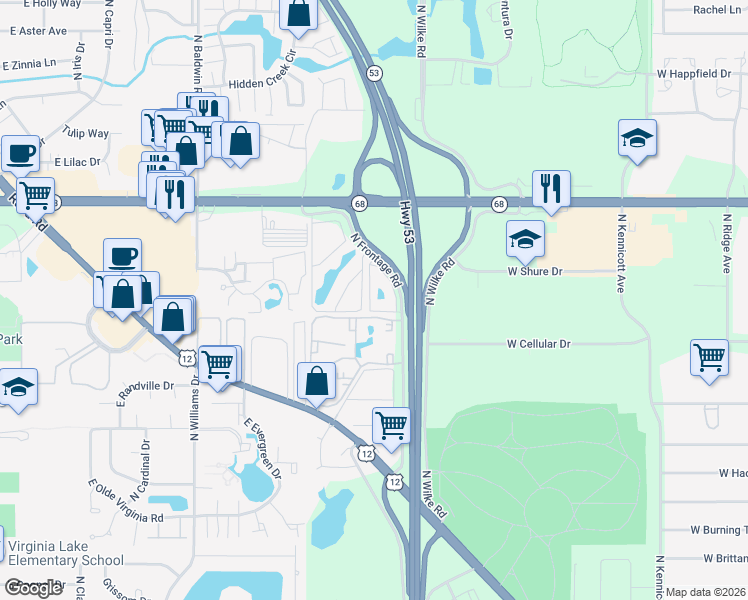 map of restaurants, bars, coffee shops, grocery stores, and more near 1444 Carol Court in Palatine