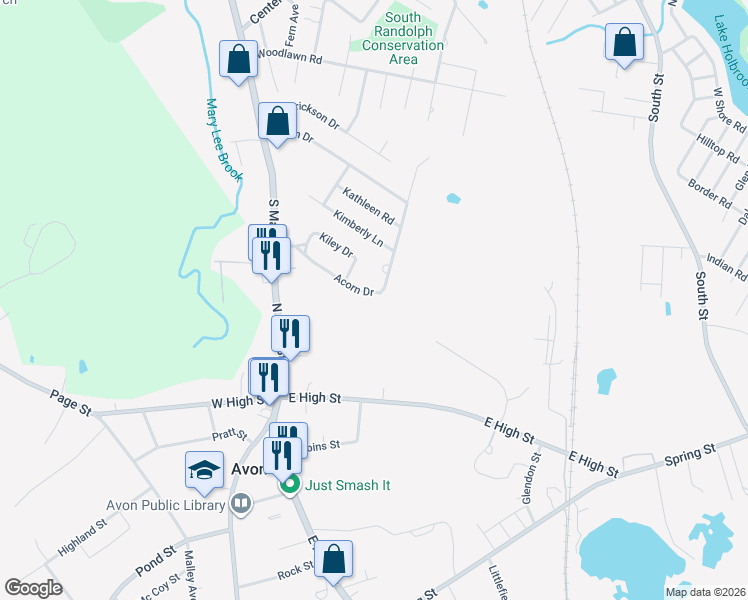 map of restaurants, bars, coffee shops, grocery stores, and more near 36 Acorn Drive in Randolph