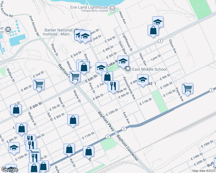 map of restaurants, bars, coffee shops, grocery stores, and more near 945 E 7th St in Erie