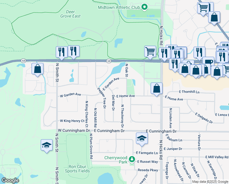 map of restaurants, bars, coffee shops, grocery stores, and more near 1241 Del Mar Drive in Palatine