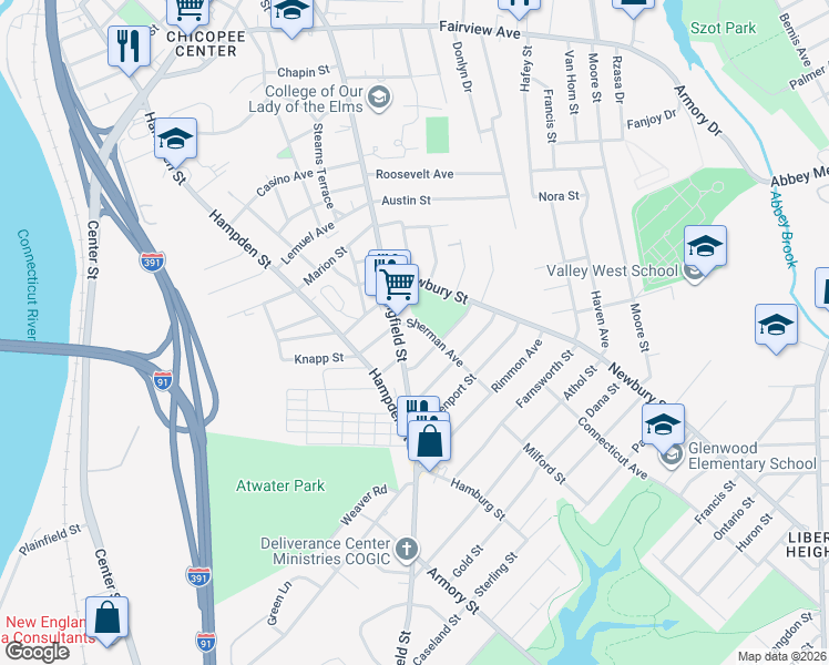 map of restaurants, bars, coffee shops, grocery stores, and more near 14 Sherman Avenue in Chicopee