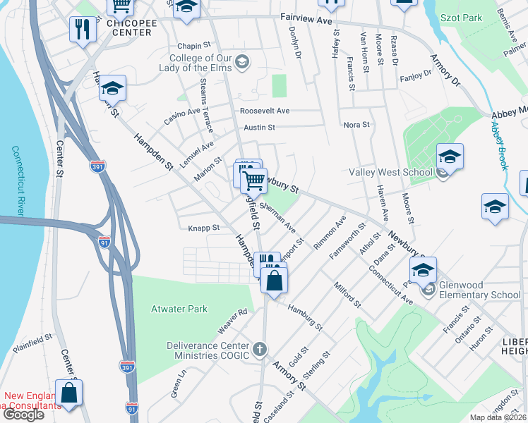 map of restaurants, bars, coffee shops, grocery stores, and more near 14 Sherman Avenue in Chicopee